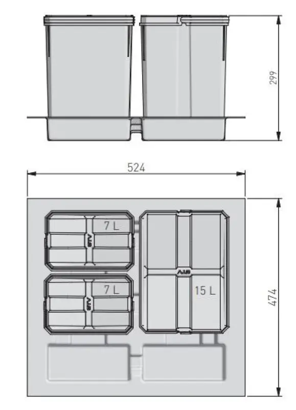Garbi Basket B-60-3 Sistena di raccolta differenziata per cassetti da 60 cm con supporto e 3 contenitori 1208957473