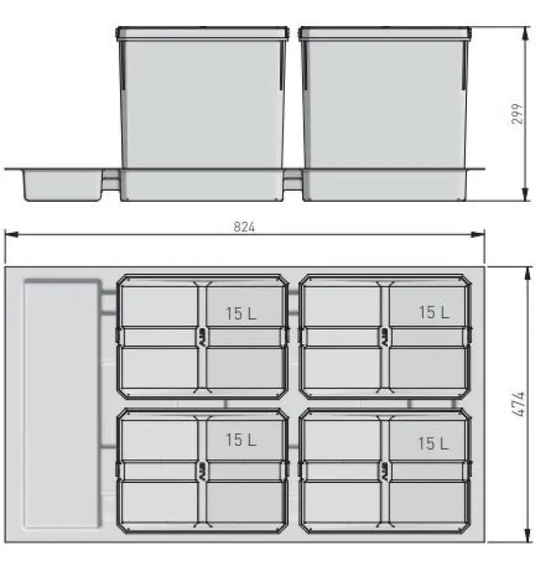 Garbi Basket B-90-4 Sistema di raccolta differenziata dei rifiuti per cassetti da 90 cm incluso supporto e 4 contenitori da 15 litri 1208957479