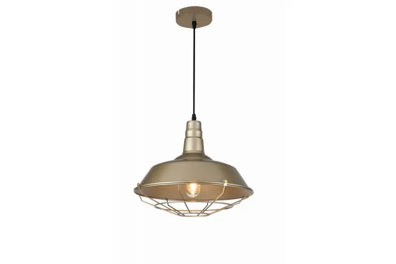 Lampadario a sospensione Decor Solen, forma industriale con griglia dorata, diametro 36,5 cm, codice 3703.