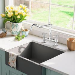 AquaTrimo Windsor Rubinetto da cucina classico a 2 fori a ponte nostalgico con beccuccio angolare cromo 21WS7653CM