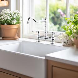 AquaTrimo Country rubinetto da cucina classico a ponte nostalgico a 2 fori con beccuccio angolare cromato 21CT7657CM