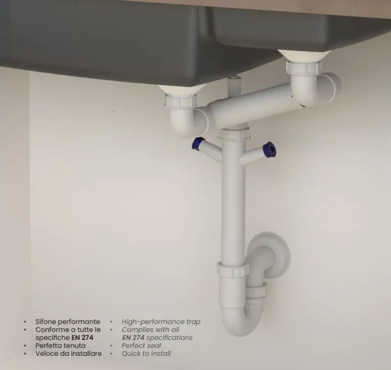 Ausmann  Siphon doppio sifone salvaspazio per lavello con sfiato e 2 attacchi per lavastoviglie 1208957662