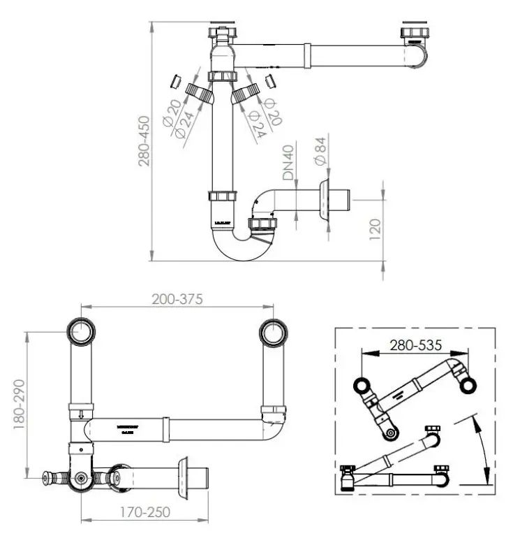 Ausmann  Siphon doppio sifone salvaspazio per lavello con sfiato e 2 attacchi per lavastoviglie 1208957662