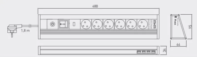Indux Corner Presa angolare ed autoportante in alluminio con 6 spine con messa a terra e 6 porte USB 1208957851