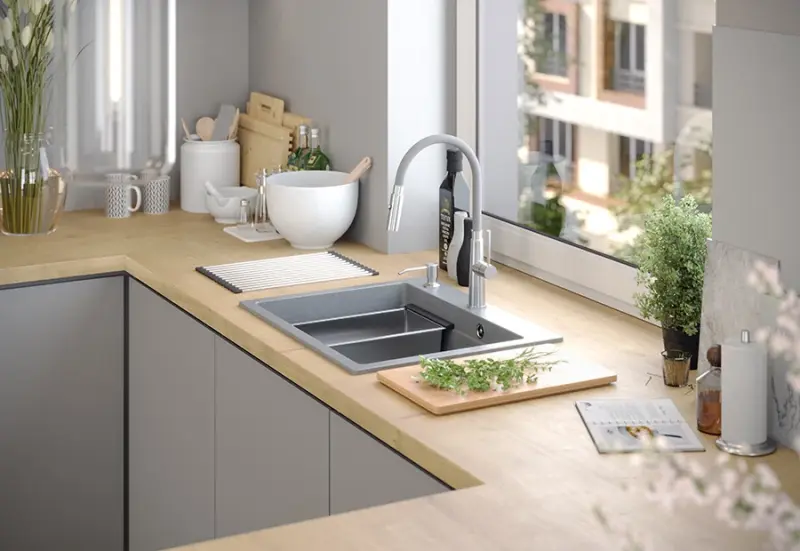 Lavello da incasso Quadri Durham in granito bianco 595x500 con dispenser di sapone, tagliere, tappetino rotolante, lavandino aggiuntivo e tappetino rotolante 1208957903