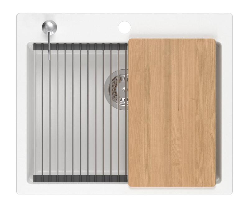 Lavello da incasso Quadri Durham in granito bianco 595x500 con dispenser di sapone, tagliere, tappetino rotolante, lavandino aggiuntivo e tappetino rotolante 1208957903