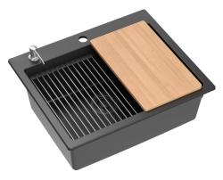 Lavabo da incasso Quadri Durham in granito nero 595x500 con dispenser di sapone, tagliere, vaschetta interna e tappetino rotolante 1208957904