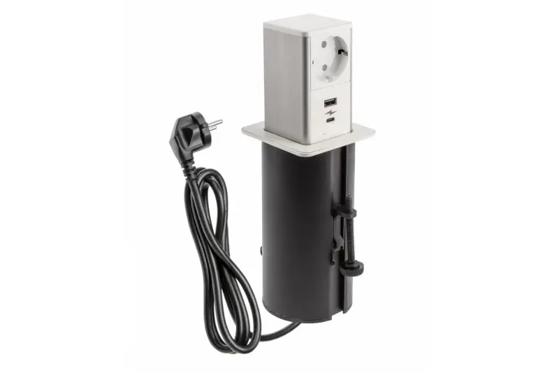 Indux Push Presa periferica bianca estensibile con messa a terra e 1 x USB A e 1 x USB C con coperchio in acciaio inox 1208957931