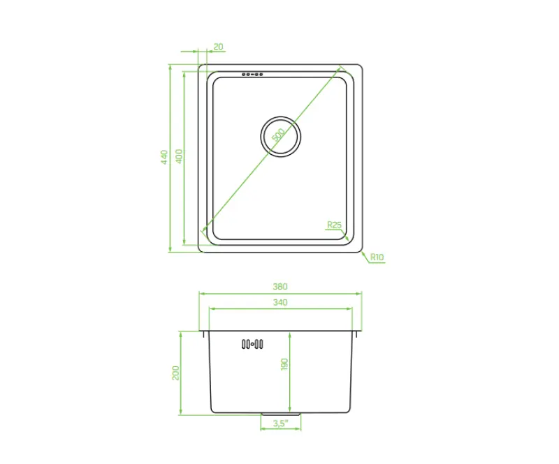 Aquadesign R25 lavello con montaggio su piano, sotto piano e incasso, in acciaio inox 34x40 cm 1208958201