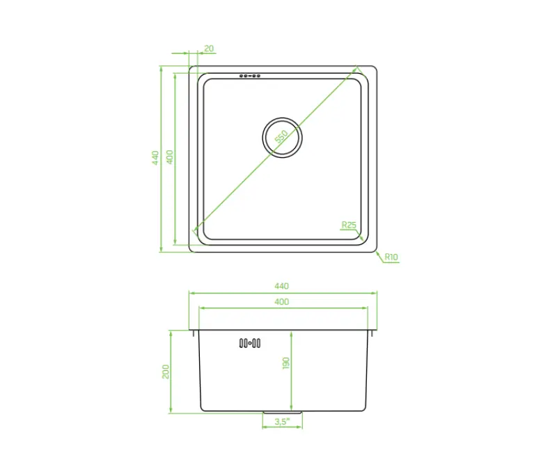 Aquadesign R25 lavello con montaggio su piano, sotto piano e incasso, acciaio inox 40x40 cm 1208958206