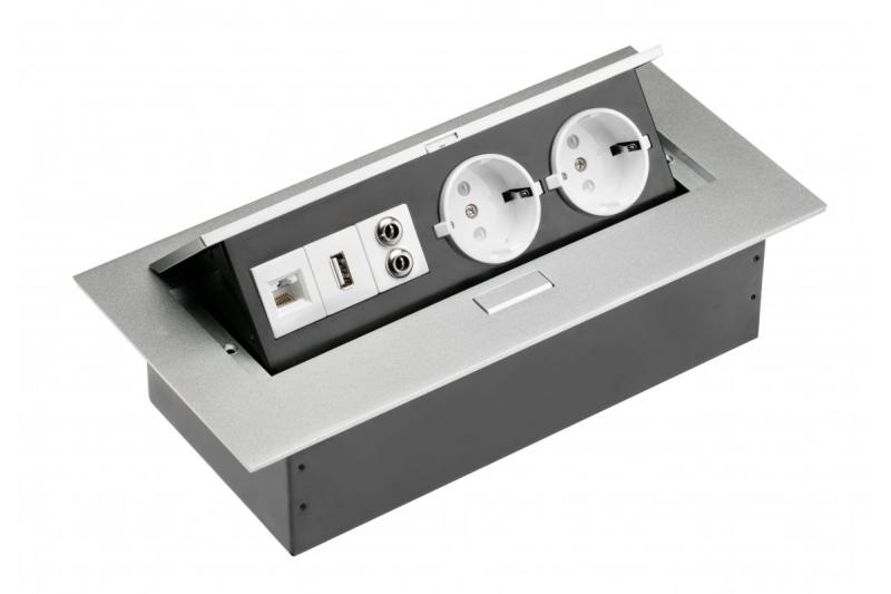 Cavo di prolunga da tavolo 2 prese Schuko, presa USB, audio (banana), presa RJ45 (Ethernet), senza cavo, alluminio 1208958663