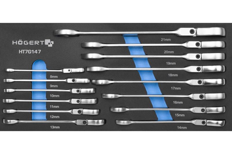 Hoegert Set di chiavi a cricchetto combinato con testa flessibile, 14 pezzi, in schiuma tecnica. 1208962054