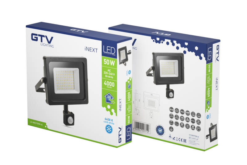 Faretto LED iNEXT con sensore di movimento 50W 4000lm, PF>0,9, RA>80, IP65, 120°, 6400K, corpo nero 1208962862