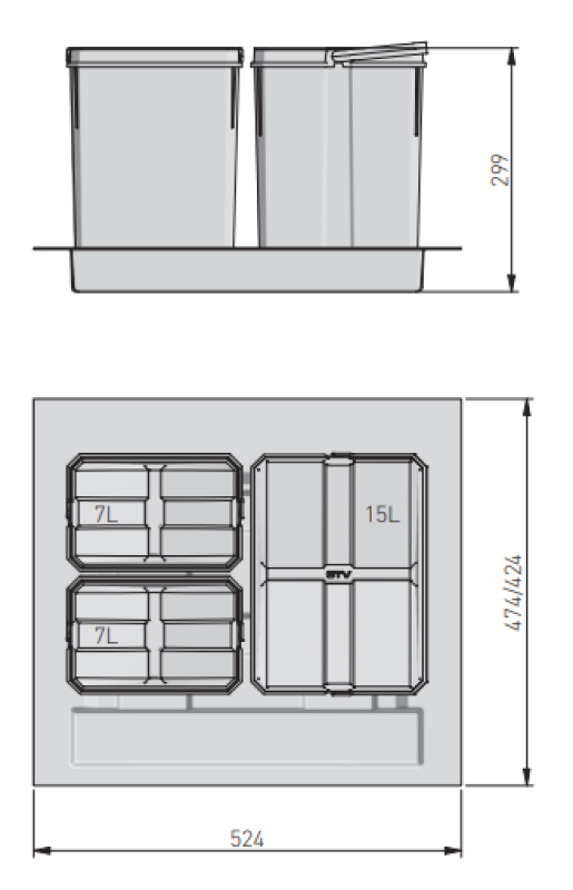 Garbi Basket B-60-3 sistema di smistamento rifiuti per cassetto da 60 cm, incl. supporto e 3 contenitori per rifiuti 1208964399
