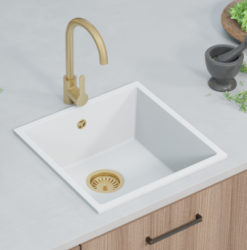 GraniteMy Universal lavello in granito bianco 40x40 sopra piano sottopiano ed a filo con tappo in acciaio inossidabile 1208966879