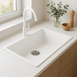 GraniteMy Universal lavello grande in granito bianco 74x40 cm a filo sopra e sottopiano con tappo in acciaio inossidabile 1208967111