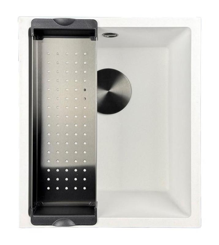 GraniteMy Universal lavello in granito bianco 34x40 cm a filo sopra e sottopiano con tappo nero 1208967147