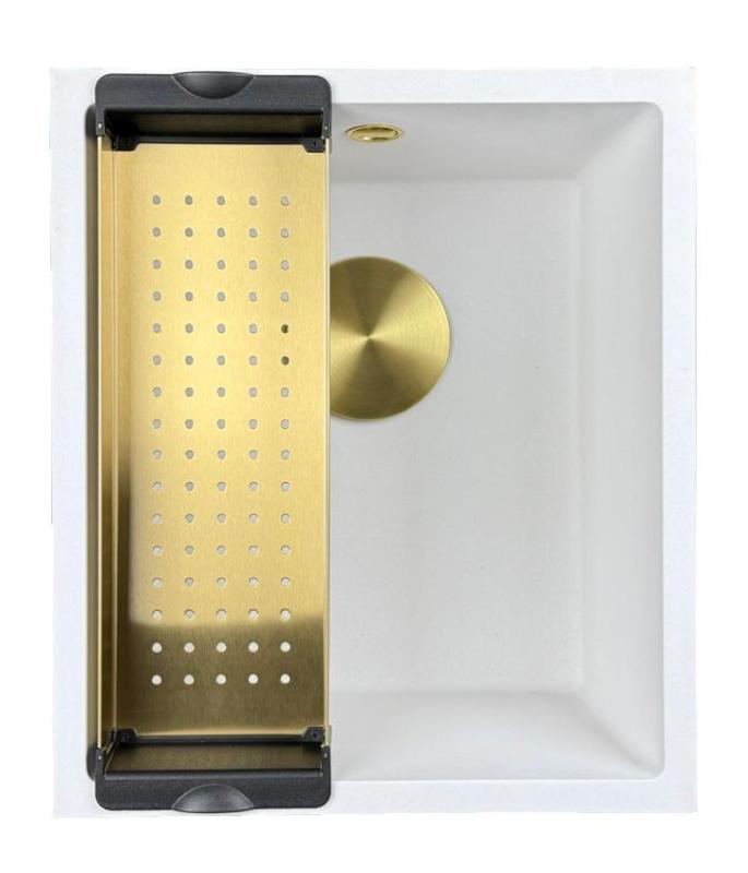 GraniteMy Universal lavello in granito bianco 34x40 cm a filo sopra e sottopiano con tappo dorato 1208967149