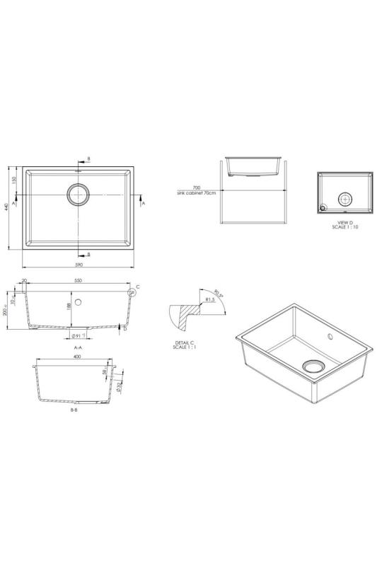 GraniteMy Universale lavello bianco in granito 55x40 cm bianco installazione a incasso, sottopiano e filotop con tappo bianco 1208967153