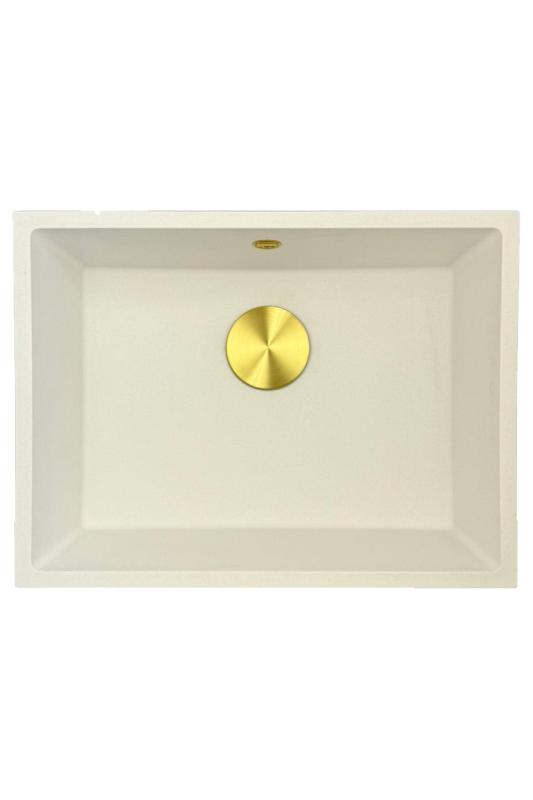 GraniteMy Lavello universale in granito bianco 55x40 cm bianco per installazione a incasso, sotto piano e filo piano con tappo dorato 1208967155