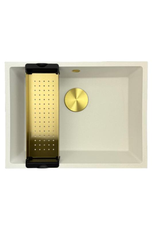 GraniteMy Lavello universale in granito bianco 55x40 cm bianco per installazione a incasso, sotto piano e filo piano con tappo dorato 1208967155