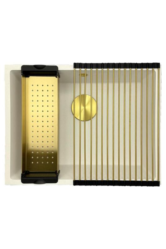 GraniteMy Lavello universale in granito bianco 55x40 cm bianco per installazione a incasso, sotto piano e filo piano con tappo dorato 1208967155