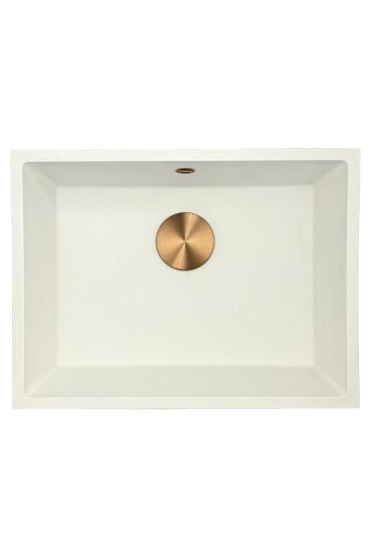 GraniteMy Lavello universale in granito bianco 55x40 cm bianco da appoggio, sottopiano e filotop con tappo in rame 1208967156
