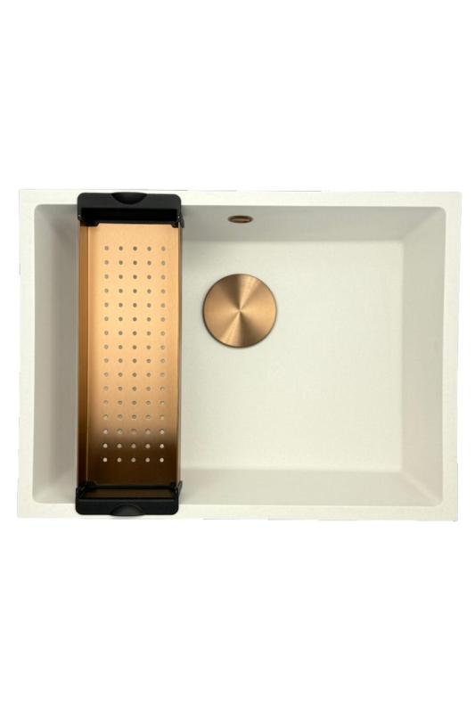 GraniteMy Lavello universale in granito bianco 55x40 cm bianco da appoggio, sottopiano e filotop con tappo in rame 1208967156