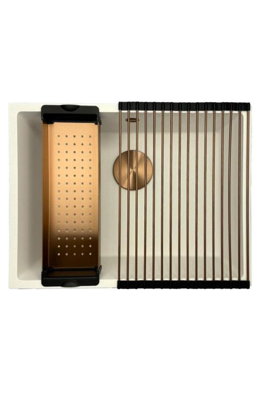 GraniteMy Lavello universale in granito bianco 55x40 cm bianco da appoggio, sottopiano e filotop con tappo in rame 1208967156