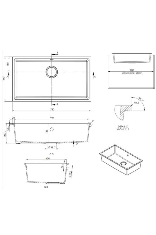 GraniteMy Universal lavello grande in granito bianco 74x40 cm  a filo sopra e sottopiano con tappo bianco 1208967160