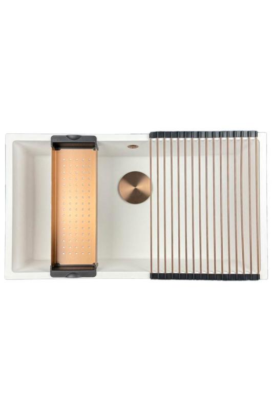 GraniteMy Universal lavello grande in granito bianco 74x40 cm a filo sopra e sottopiano con tappo  in rame 1208967162