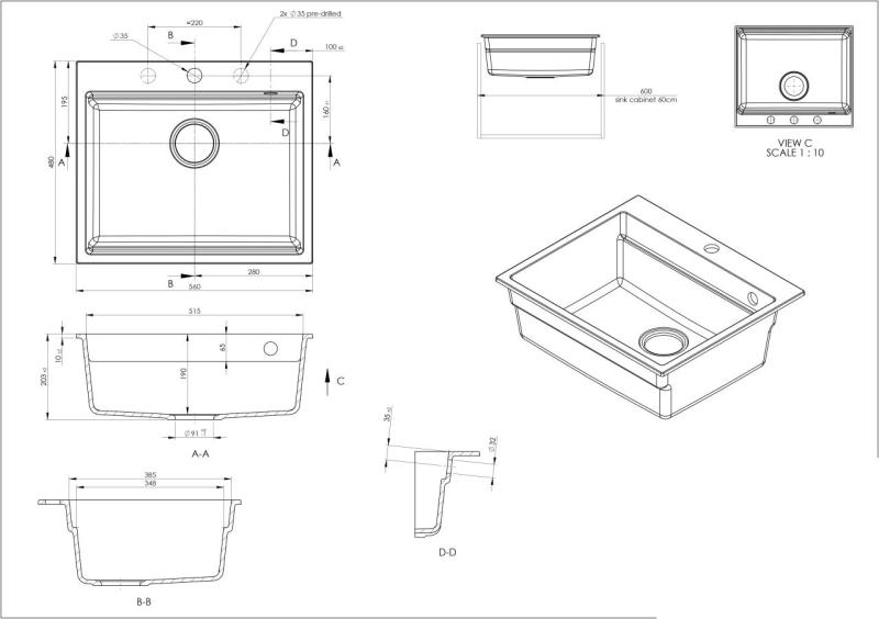 GraniteMy Lavello in granito da incasso 56x48 cm nero con tappo in rame inclusi accessori 1208967234