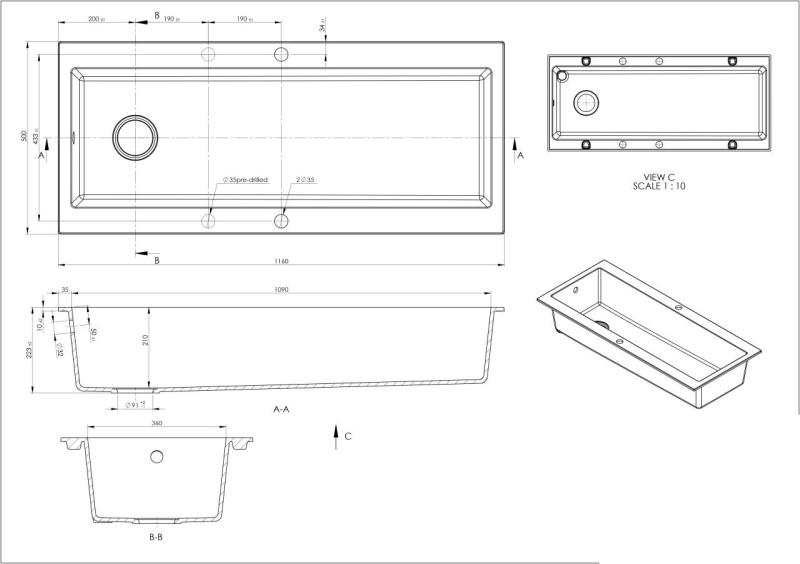 GraniteMy Trog lavello da cucina in granito nero di grandi dimensioni 116x50 cm nero da appoggio con foro per rubinetto e tappo in acciaio inox 1208967236