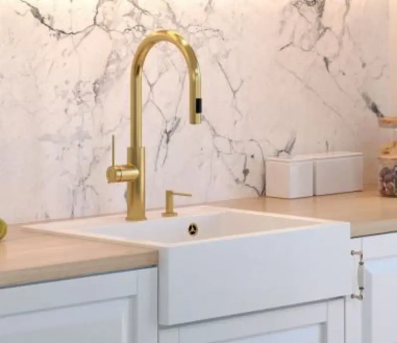 Cascina Quadri, lavello rustico da incasso o a superficie in granito, bianco opaco con tappo dorato, 595x540mm, 1208967264