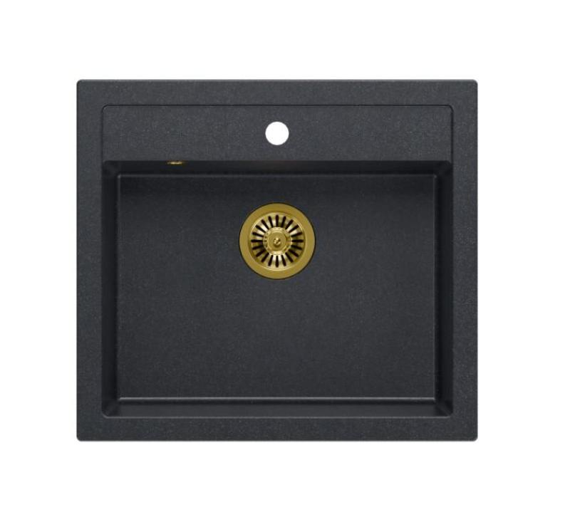 Casale Quadri, lavello in granito antracite per installazione a incasso o a filo, con tappo dorato 595x540mm 1208967267.