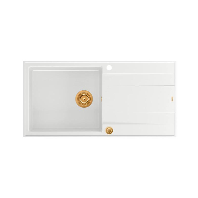 Quadri Luton lavello da appoggio in granito bianco con sgocciolatoio reversibile 100x50 cm con tappo in rame 1208967318