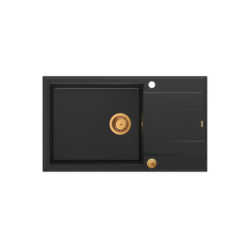 Quadri Luton lavello grande in granito nero da incasso con gocciolatoio reversibile 86x50cm con tappo in rame 1208967326