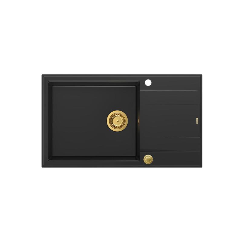 Quadri Luton lavello grande da appoggio in granito nero con superficie di sgocciolamento reversibile 86x50cm con tappo dorato 1208967327
