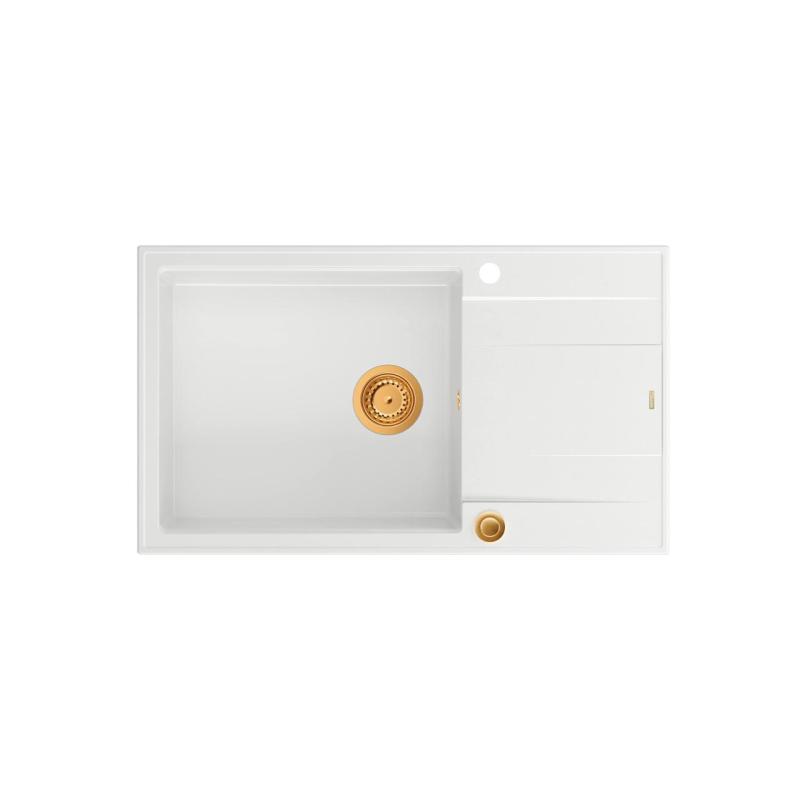 Quadri Luton lavello grande da appoggio in granito bianco con superficie di sgocciolamento reversibile 86x50 cm con tappo in rame 1208967328