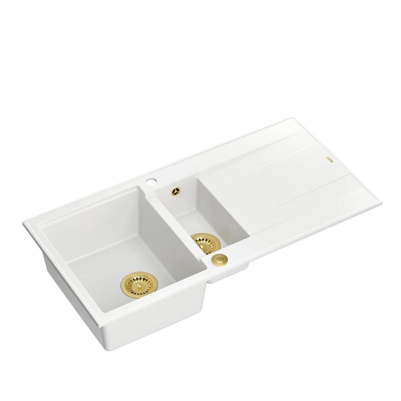 Quadri Luton lavello a incasso in granito bianco 1,5 vasche con sgocciolatoio reversibile 100x50 cm con tappo dorato 1208967348