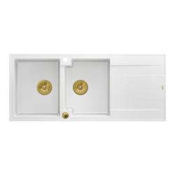 Lavello doppio in granito bianco Quadri Luton da incasso con scolapiatti, dimensioni 116x50 cm, con tappo dorato, codice 1208967358.