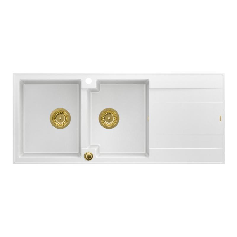 Lavello doppio in granito bianco Quadri Luton da incasso con scolapiatti, dimensioni 116x50 cm, con tappo dorato, codice 1208967358.