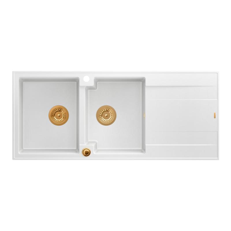 Quadri Luton lavello doppio da appoggio in granito bianco con scolapiatti 116x50 cm con tappo in rame 1208967359