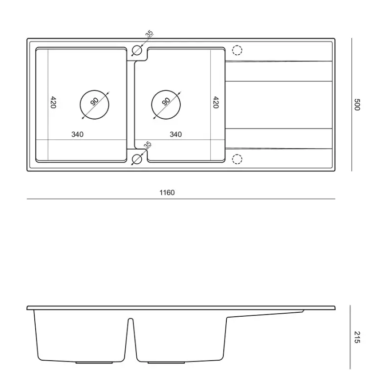 Quadri Luton lavabo doppio a incasso in granito grigio con sgocciolatoio 116x50 cm con tappo in rame 1208967362