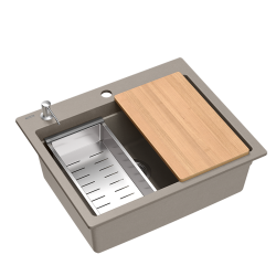 Lavello da incasso Quadri Durham in granito color taupe 595x500 con dispenser per sapone, tagliere, lavandino aggiuntivo e tappetino rotolante 1208967376