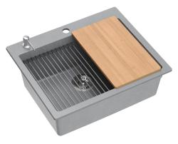 Lavello da incasso Quadri Durham in granito grigio 595x500 con dispenser per sapone, tagliere, vaschetta interna e tappetino rotolante 1208967378