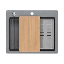 Lavello da incasso Quadri Durham in granito grigio 595x500 con dispenser per sapone, tagliere, vaschetta interna e tappetino rotolante 1208967378