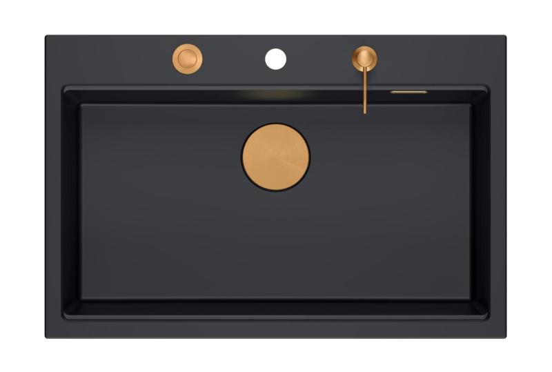 Quadri Hard Rock lavello grande da appoggio in granito nero opaco 76x50cm con tappo in rame e accessorio 1208967423