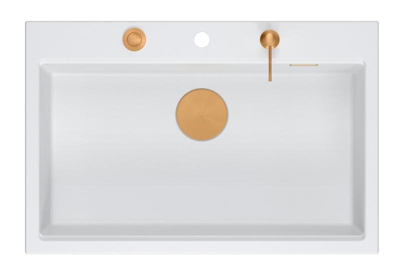 Quadri Hard Rock lavello da appoggio in granito bianco grande 76x50cm inclusi tappo in rame e accessori 1208967428