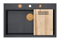 Quadri Hard Rock antracite lavello da incasso in granito grande 76x50cm incluso tappo in rame e accessori 1208967445